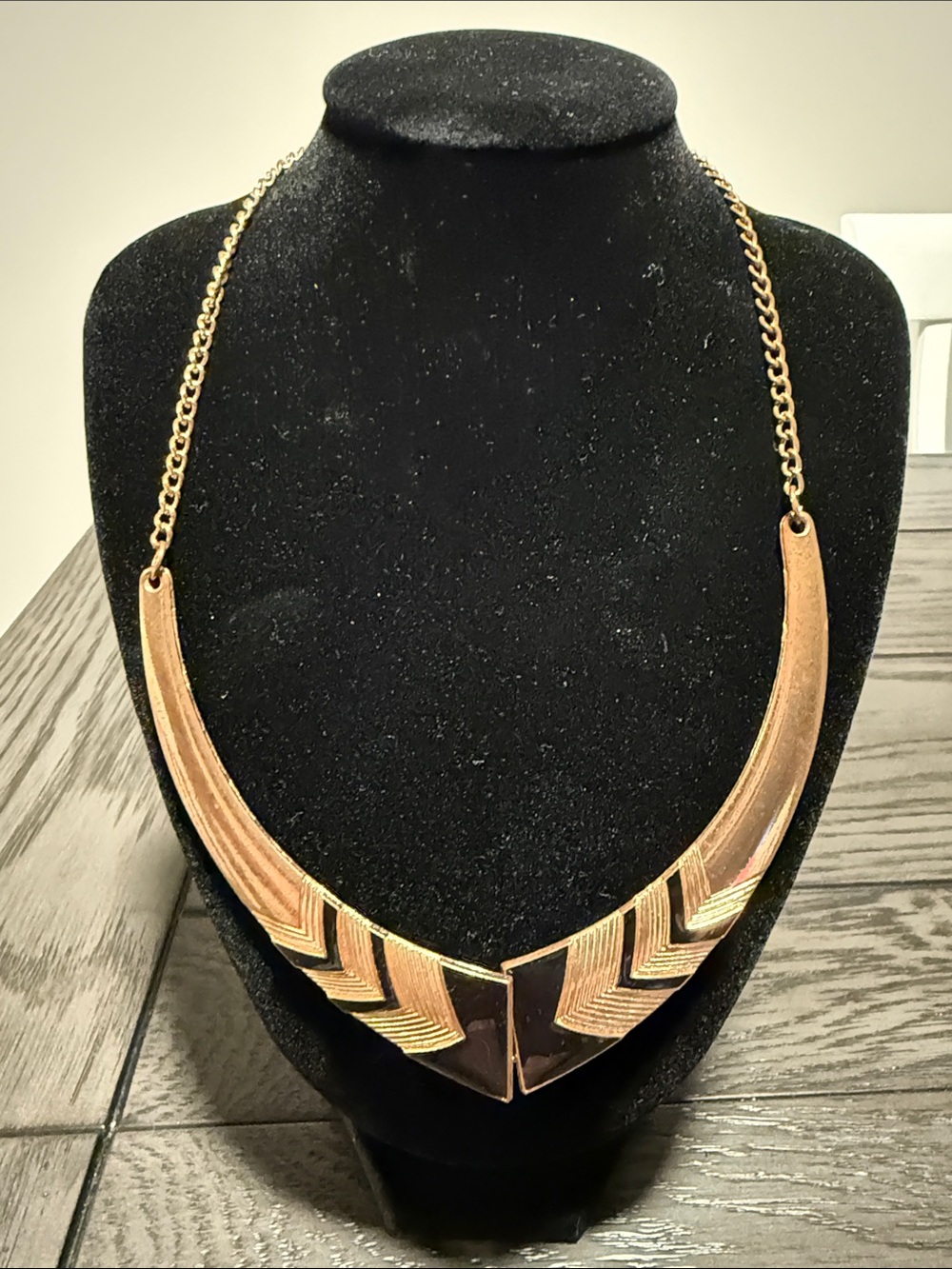 Vintage 80’s Etc! Gold Tone Black Enamel Statement Bib Necklace  Geometric